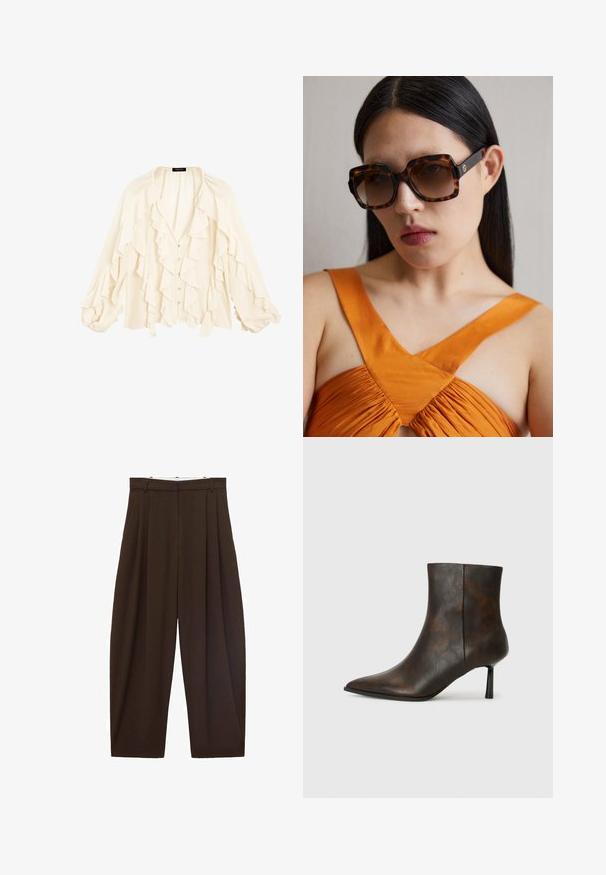 Massimo Dutti FLOWING GARMENT WITH RUFFLES - Chemisier - beige; Pantalons taille haute marron avec des plis, fabriqués en tissu lisse. Coupe ample, design droit, avec passants de ceinture et fermeture éclair.; Bottine en cuir marron avec un bout pointu, un design élégant et un fine talon noir. Surface texturée avec un motif subtil.; Lunettes de soleil oversized en écaille brune avec une large monture rectangulaire et des verres dégradés. Détail du logo doré sur le côté.