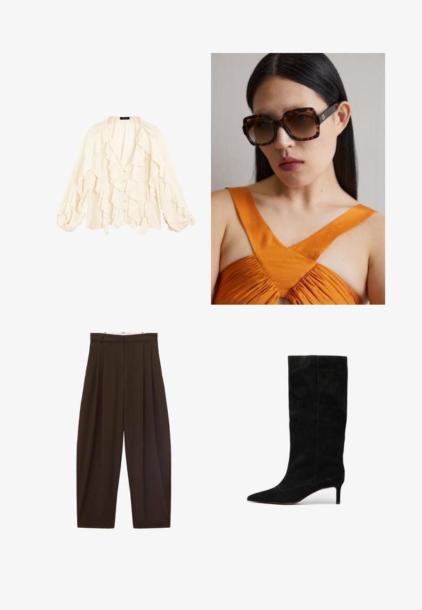 Massimo Dutti FLOWING GARMENT WITH RUFFLES - Chemisier - beige; Pantalons taille haute marron avec des plis, fabriqués en tissu lisse. Coupe ample, design droit, avec passants de ceinture et fermeture éclair.; Botte en daim noir montante avec un bout pointu et un talon stiletto mince. Présente des coutures minimales et une texture lisse sur toute sa surface.; Lunettes de soleil oversized en écaille brune avec une large monture rectangulaire et des verres dégradés. Détail du logo doré sur le côté.