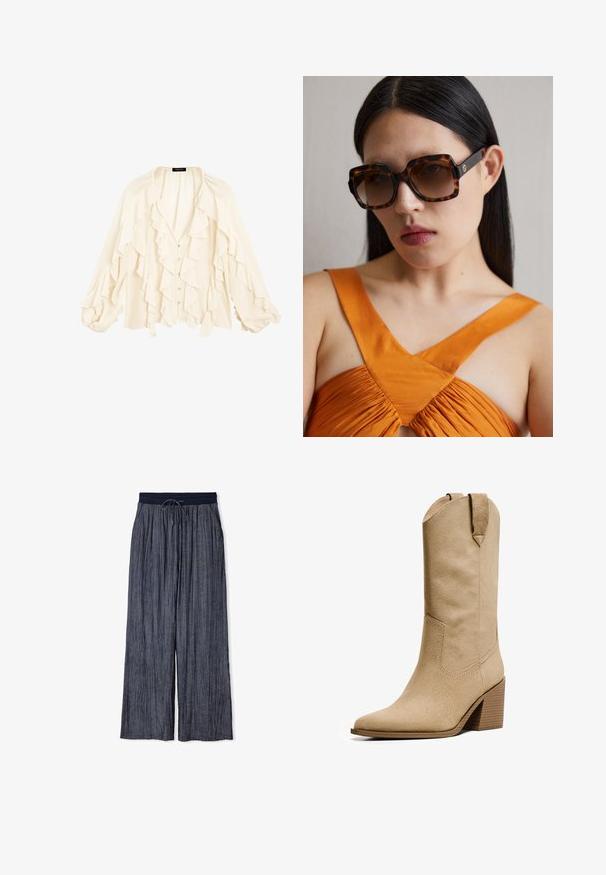 Massimo Dutti FLOWING GARMENT WITH RUFFLES - Hemdbluse - beige; Weite Hosen in dunklem Marineblau, aus strukturiertem Stoff mit vertikalen Falten. Elastischer Bund mit Kordelzug.; Bershka HIGH-HEEL - Cowboy-/Bikerboot - beige; Braune Schildkrötensonnenbrille im Übergrößenformat mit einem breiten rechteckigen Rahmen und gefärbten Gläsern. Goldfarbenes Logo-Detail an der Seite.
