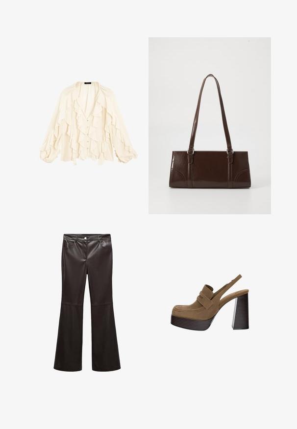 Massimo Dutti FLOWING GARMENT WITH RUFFLES - Chemisier - beige; Pantalons évasés noirs en faux cuir lisse, dotés de poches avant, d'une fermeture éclair et d'un bouton argenté. Détails de couture accentués.; Talons compensés en suéde marron avec un large talon bloc strié et une large bride sur le dessus, avec un design à bout rond.; Sac à main en cuir verni marron de forme rectangulaire, avec deux longues poignées et des accents courbés subtils à l'avant.
