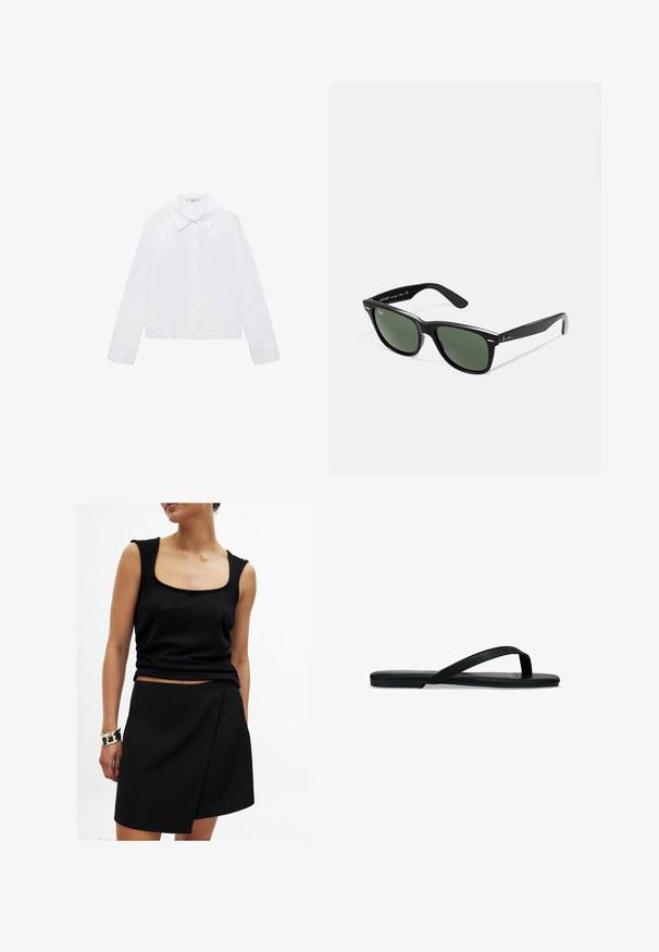 White long-sleeve shirt featuring a classic collar, central button placket, and smooth fabric with a slightly cropped hem.; Black sleeveless top with a square neckline, paired with a matching black wrap-style skirt, both in smooth fabric. Gold bracelet on wrist.; Black flip flop made of rubber, featuring flat sole, thin straps, and a textured pattern on the footbed. Minimalist design, side profile view.; Black plastic sunglasses with green lenses, square frames, silver accent on the brow, and textured temple arms. Stated brand on inner arm.; Black synthetic handbag with a curved shape, silver chain strap, zip closure, and embossed brand logo on the front. Smooth texture.