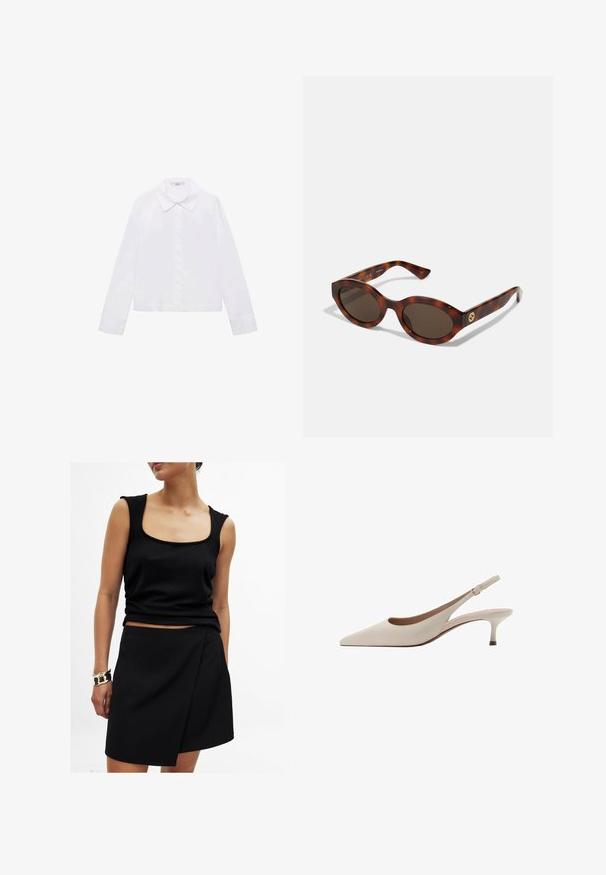 Weißes Langarmhemd mit klassischem Kragen, mittigem Knopfleiste und glattem Stoff mit leicht verkürztem Saum.; Schwarzes ärmelloses Top mit quadratischem Ausschnitt, kombiniert mit einem passenden schwarzen Wickelrock, beide aus glattem Stoff. Goldarmband am Handgelenk.; Beige Slingback-Absatzschuhe mit spitzer Zehenform und niedrigem, ausgestellten Absatz. Hergestellt aus glattem Leder mit einem minimalistischen Design und verstellbarem Riemen.; Schildpatt-Sonnenbrillen mit runden Rahmen, dunklen Gläsern und goldfarbener Logodetailierung an den Schläfen. Glattes Kunststoffmaterial, keine sichtbaren Muster.; Frau trägt ein schwarzes Blazer und einen Rock, hält eine große dunkelbraune Wildleder-Umhängetasche vor einem weißen Hintergrund.