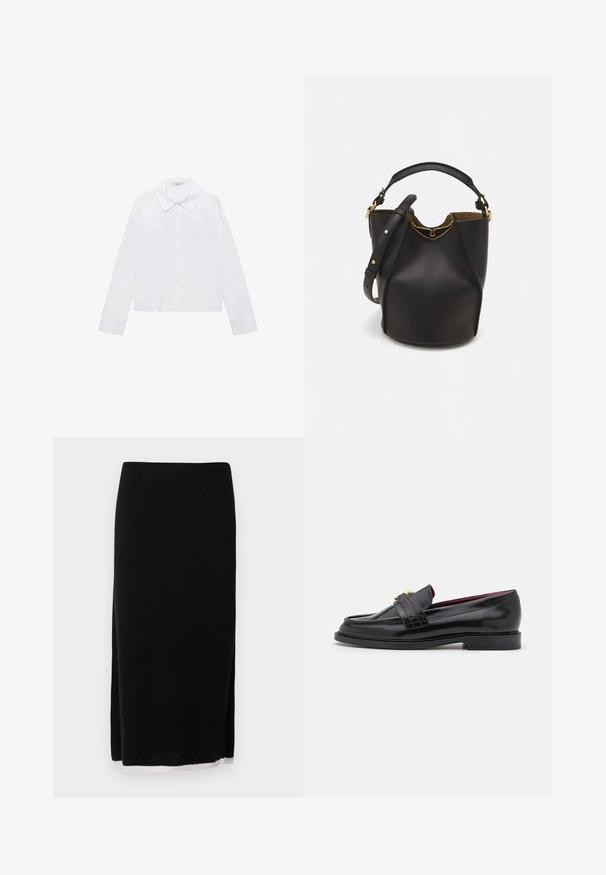 Bílá košile s dlouhým rukávem, klasickým límečkem, centrálními knoflíky a hladkým materiálem s mírně zkráceným lemem.; Černá pletená sukně rovného střihu, s bočním rozparkem a kontrastní bílou podšívkou. Hladká textura, délka ke kolenům.; Černé kožené mokasíny se šitým vzorem, hladkým povrchem, zlatou sponou a zakulacenou špičkou, umístěné na nízké černé podrážce.; Černá kožená kabelka ve tvaru vědra s texturovaným povrchem, zlatými kovovými akcenty a otevřeným vrchem. Obsahuje krátkou rukojeť a nastavitelný ramenní popruh.
