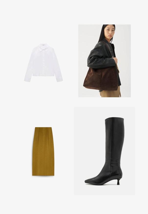 Chemise blanche à manches longues avec un col classique, patte de boutonnage centrale et tissu lisse, dotée d'un ourlet légèrement court.; Jupe crayon jaune moutarde arrivant au genou, avec une texture lisse, présentant une silhouette droite et de subtils plis à l'avant.; Zign Bottes - black; Une femme portant une veste en cuir noire et un pantalon beige porte un grand sac fourre-tout en cuir suédé marron sur l'épaule.