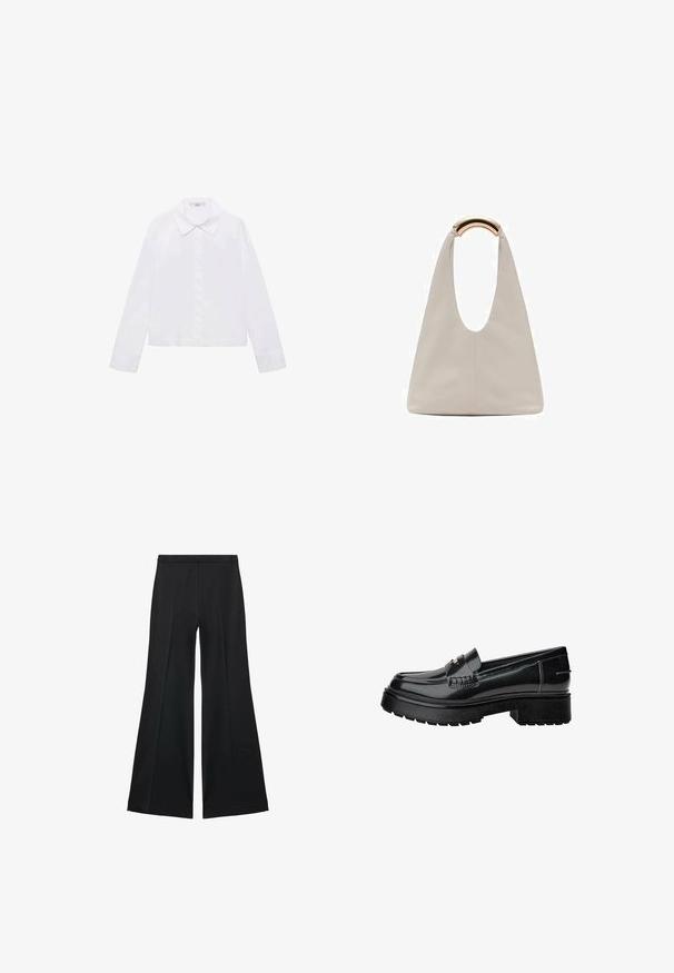 Bílá košile s dlouhým rukávem, klasickým límečkem, centrálními knoflíky a hladkým materiálem s mírně zkráceným lemem.; Černé kalhoty s širokými nohavicemi a hladkou texturou, s předními sklady a přizpůsobeným střihem. Materiál je lehký a splývavý.; Černé lakované kožené mokasíny s masivní podrážkou, zdobené páskem a jemným švem. Gumová textura na podrážce.; Světlá šedá kožená taška s U-tvarovaným designem a zakřivenou kovovou rukojetí. Hladký povrch s minimálním šitím a bez viditelných vzorů.