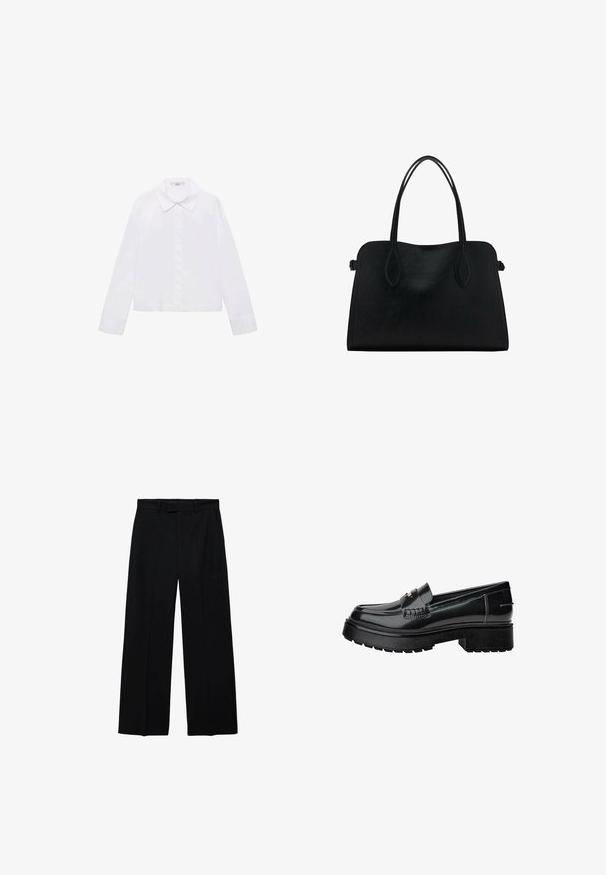 Biele tričko s dlhým rukávom, ktoré má klasický golier, centrálny gombíkový priehľad a hladkú tkaninu s mierne skráteným lemom.; Čierne široké nohavice s vysokým pásom, s pútkami na opasok a bočnými vreckami, so zapínaním na zips a gombík vpredu.; Čierne lakované kožené mokasíny s robustnou podrážkou, ozdobným pásikom a jemným prešívaním. Gumený povrch na spodnej časti.; Čierna kožená kabelka s dvojitými popruhmi na rameno, obdĺžnikový tvar a minimalistický dizajn na bielom pozadí.