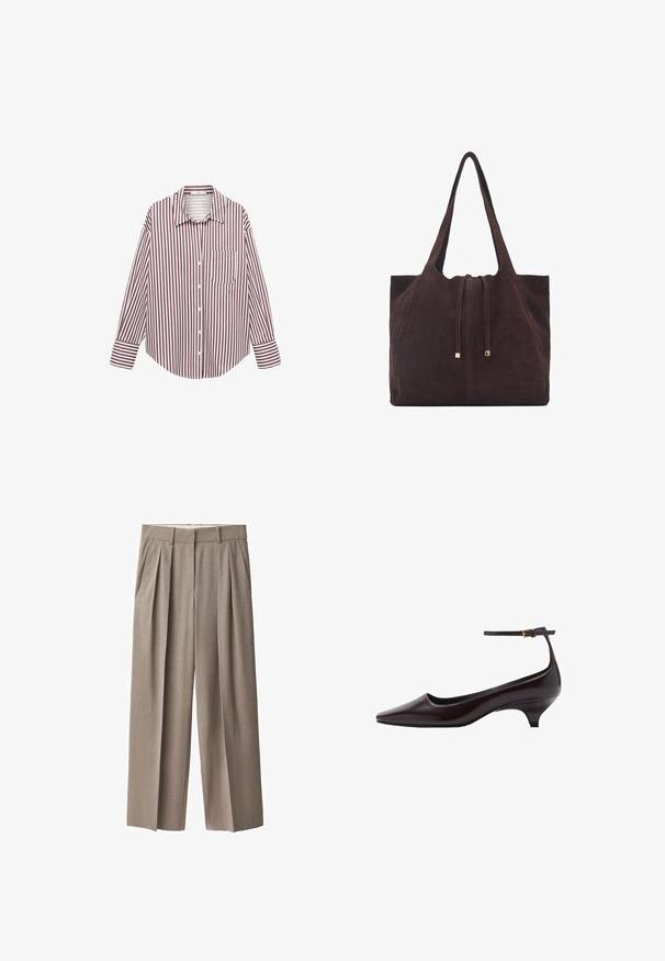 Lange mouw shirt in crème en bordeaux verticale strepen. Beschikt over een voorvak, knoopsluiting en kraag. Katoenmengsel stof.; Beige geplooide broek gemaakt van een lichte stof, met een hoge taille, een ontspannen pasvorm en twee zijzakken. Het heeft een vlakke voorkant.; Donkerbruine leren kittenheel schoenen met een spitse neus, een dunne enkelband en een kleine gouden gesp.; Mango Shopper - dark brown