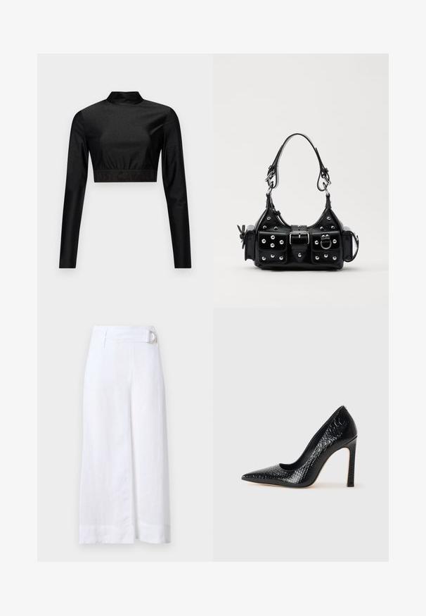 Črn crop top iz sijočega materiala z dolgimi rokavi in ovratnikom. Ima rebrast rob z logotipom "JUST CAVALLI" v črni barvi.; Bele hlače iz belega lana širokega kroja, ki vključujejo pas z okroglo kovinsko zaponko in ravne sredinske gube.; Črne čevlje z visoko peto in konico v obliki puščice, z teksturo krokodilje kože, ki se ponašajo s sleek oblikovanjem, visokim stiletto peto in gladkim črnim notranjostjo.; Črna usnjena torbica s ukrivljenim dizajnom, ki vsebuje srebrne žebljičke, zaponko in dve stranski žepki. Nastavljiv trak za različne možnosti nošenja.