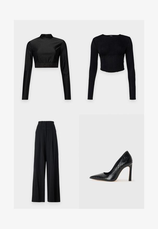 Melnā īsā piespraude, kas izgatavota no mirdzoša materiāla, ar garām piedurknēm un augsto apkakli. Izceļas ar ribotu apakšmalu ar melnu "JUST CAVALLI" logo.; Melna garo piedurkņu topa daļa ar īsām piedurknēm, veidota no teksturēta auduma, ar pieguļošu dizainu un savelkošiem elementiem krūtīs.; Melni platajā kāja bikses ar augstu jostasvietu, priekšā ar krokām un gludu faktūru. Nav redzamu logo vai rakstu.; Melni augstpapēžu apavi ar norādītu purngalu, ar krokodila ādas tekstūru, izceļoties ar elegantu dizainu, augstu stiletto papēdi un gludu melnu interjeru.