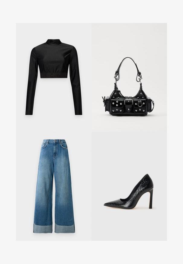 Fekete, fénylő anyagból készült crop top, hosszú ujjakkal és magas nyakkal. Bordás szegélye van, melyen fekete "JUST CAVALLI" logó található.; Magas derekú, trapéz fazonú kék farmernadrág elülső zsebekkel, gombos záródással és látható, elhalványodott szegéllyel az alján.; Fekete hegyes orrú magassarkú cipő krokodilbőr textúrával, letisztult dizájnnal, magas tűsarkú és sima fekete belső résszel.; Fekete bőr kézitáska ívelt designnal, ezüst szegecsekkel, csattal és két oldalsó zsebbel. Állítható vállpánt a hordozási lehetőségekhez.