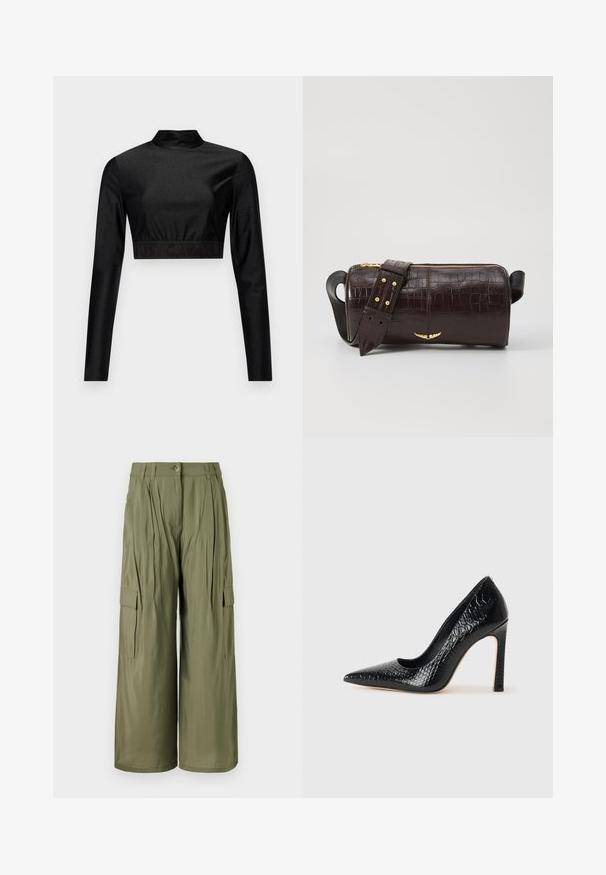 Schwarzes Crop-Top aus schimmerndem Material mit langen Ärmeln und hohem Kragen. Verfügt über einen gerippten Saum mit dem schwarzen "JUST CAVALLI"-Logo.; Olivengrüne weite Cargo-Hosen mit Vorderfalten, Seitentaschen und Knopfverschluss. Glatte Textur, leichtes Material.; Schwarzer, spitz zulaufender High Heel mit Krokodilleder-Struktur, elegantem Design, hohem Stiletto-Absatz und glattem schwarzen Innenraum.; Braune, krokodilgeprägte Lederhandtasche mit zylindrischer Form, goldfarbener Hardware und einem abnehmbaren Tragegurt mit Nieten.
