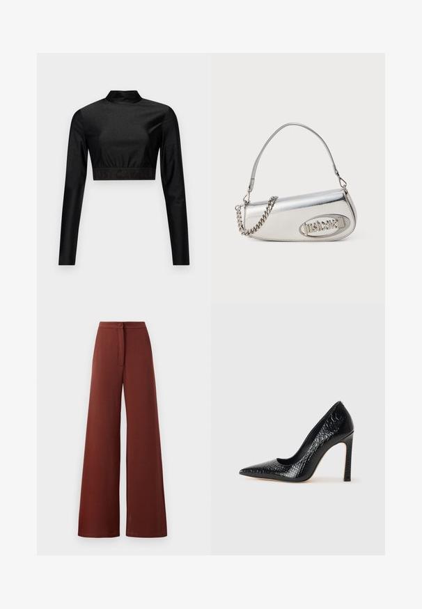 Top scurt negru din material strălucitor, cu mâneci lungi și guler înalt. Prezintă un tiv răsucit cu logo-ul "JUST CAVALLI" în negru.; Pantaloni largi dintr-un material roșu închis, cu închidere prin nasture și detalii cu fundă în față. Textură netedă cu o siluetă fluidă.; Pantofii cu toc înalt, ascuțiți, de culoare neagră, cu textură de piele de crocodil, având un design elegant, toc în stil stiletto și interior neted de culoare neagră.; Geantă de mână metalică argintie cu o formă triunghiulară rotundă, având un logo, curea din lanț și o textură netedă. Închidere cu fermoar pe lateral.