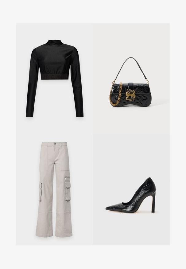 Schwarzes Crop-Top aus schimmerndem Material mit langen Ärmeln und hohem Kragen. Verfügt über einen gerippten Saum mit dem schwarzen "JUST CAVALLI"-Logo.; Hellegraue Cargo-Hosen mit weitem Bein, mehreren Taschen und einer strukturierten Stoffoberfläche. Mit sichtbaren Nähten und einem Knopfverschluss.; Schwarzer, spitz zulaufender High Heel mit Krokodilleder-Struktur, elegantem Design, hohem Stiletto-Absatz und glattem schwarzen Innenraum.; Schwarze Handtasche aus Kunstleder mit geprägt Wellenmuster, goldfarbener Kettenriemen und einem dekorativen, schlangenförmigen Verschluss mit Logodetail.