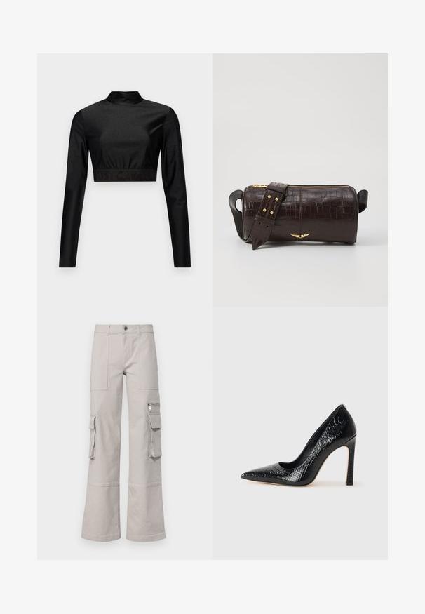 Fekete, fénylő anyagból készült crop top, hosszú ujjakkal és magas nyakkal. Bordás szegélye van, melyen fekete "JUST CAVALLI" logó található.; Világosszürke cargo nadrág széles lábszárral, több zsebbel és texturált szövet felülettel. Látható varratokkal és gombos záródással rendelkezik.; Fekete hegyes orrú magassarkú cipő krokodilbőr textúrával, letisztult dizájnnal, magas tűsarkú és sima fekete belső résszel.; Barna krokodilbőr hatású bőr táska henger alakú, arany tónusú fémveretekkel és lecsatolható, szegecsekkel díszített pánttal.