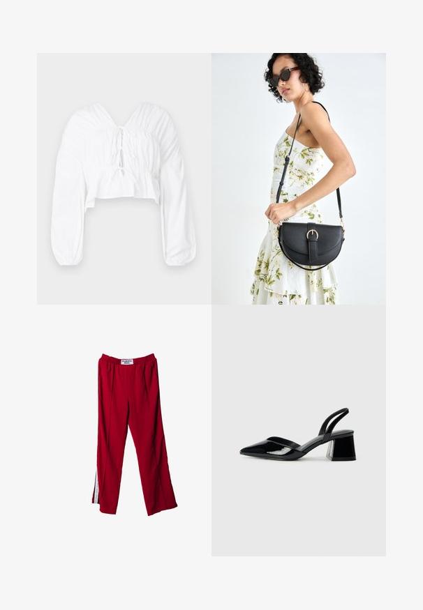 Balta īsā blūze ar V veida kakla izgriezumu, garām puff piedurknēm un savelkošu detaļu jostasvietā. Priekšpusē ir saišu aizdare.; Sarkana sporta bikses ar elastīgu jostu, ar sānu svītrām un smalkām kroku detaļām. Materiāls šķiet gluds, ar etiķeti uz jostas.; Melna lakota āda ar atvērto papēdi, ar smailu purngalu un ģeometrisku blokpapēdi. Iezīmējas elegants, minimāls dizains un gluda tekstūra.; Melnas ādas rokassoma ar izliekta formu, noņemamu siksnu un zelta aksesuāriem. Somai ir vāciņš ar sprādzes detaļu.