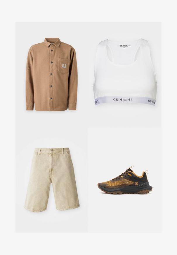 Brown flannel shirt featuring a button-up design, long sleeves, single chest pocket with logo patch, and black buttons. Soft texture.; White sporty bra with a smooth fabric, racerback design, and a grey elastic band featuring the Carhartt logo in black. Size small.; Beige denim shorts with a straight cut, five pockets, front button and zipper closure, and subtle fading on the fabric.; Black and yellow athletic shoes with a mesh upper, textured rubber sole, and reinforced toe. Features a logo on the side and contrasting laces.