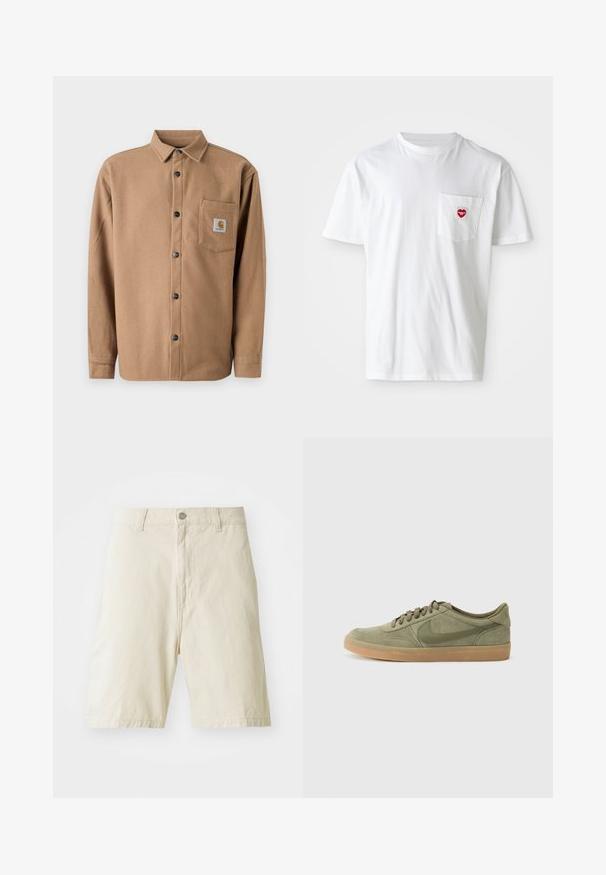 Camicia in flanella marrone con design a bottoni, maniche lunghe, taschino singolo con patch del logo e bottoni neri. Texture morbida.; T-shirt bianco in cotone con scollatura rotonda e maniche corte. Presenta un piccolo logo a forma di cuore rosso sul taschino sinistro.; Pantaloni corti beige in cotone con taglio dritto, chiusura con bottone e zip, due tasche anteriori e una trama uniforme. Nessun motivo o accento visibile.; Sneaker verde in suede con suola in gomma color caramello, punta rotonda e lacci. Presenta il logo distintivo di Nike in un verde più scuro.