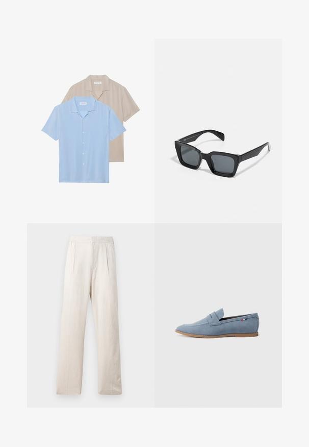 Two short-sleeve shirts are displayed; one in light blue and one in beige. Both feature a collared design and button front, with a smooth texture.; Light beige wide-leg trousers made of textured fabric, featuring an elastic waistband and two front pleats for added detail.; Light blue suede loafer with a smooth texture, decorative stitching, and a brown rubber sole. Features a penny slot design on the upper.; Black rectangular sunglasses with dark lenses. Plastic frame with a glossy finish, featuring a wide bridge and slightly tapered arms.
