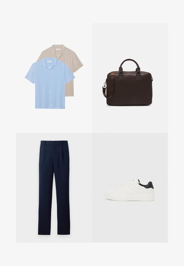 Kaks lühikeste varrukatega särki on välja pandud; üks helesinine ja teine beež. Mõlemal on krae ning nööpidega esiosa, pehme tekstuuriga.; Tumedatehallid püksid, mis on valmistatud siledast kangast, koos ühe nööbiga kinnitusega, voltide ja sirgete jalgadega. Minimalistlik disain, ilma silmapaistvate mustriteta.; Valge nahast sneaker, millel on reljeefne muster, tekstureeritud valge vaheline tall ja must kannaaktsent. Omab ümarat nina ja lamedat paelavarrast.; Pruun nahast sülearvutikott, millel on tekstureeritud pind, kahekordsed ülemised käepidemed, reguleeritav rihm ja kaks esikinnitust, mis lisavad detaili.