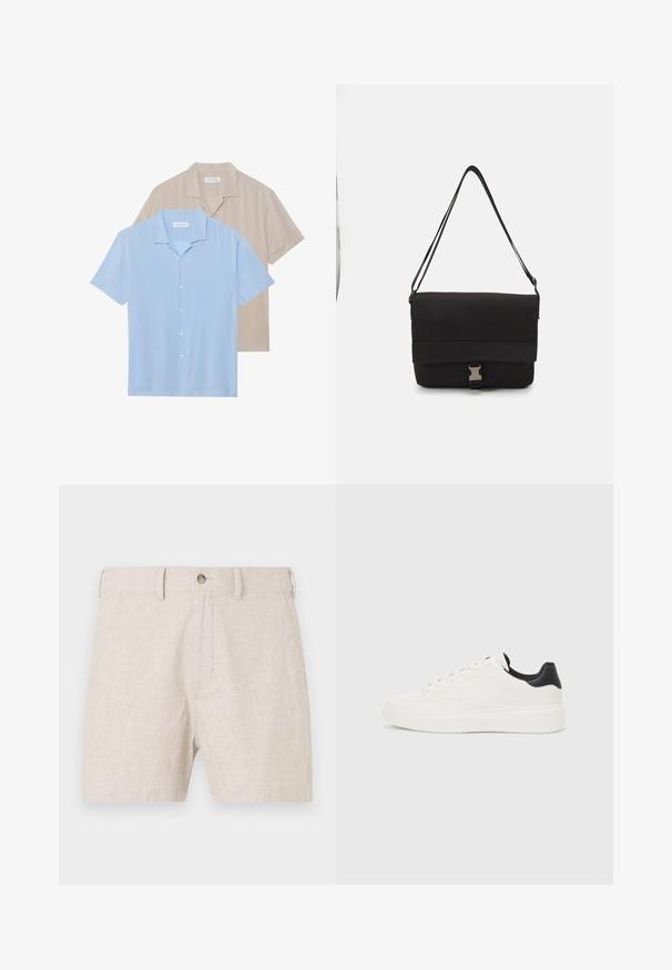 Deux chemises à manches courtes sont exposées ; l'une est bleu clair et l'autre est beige. Les deux présentent un design avec col et bouton sur le devant, avec une texture lisse.; Shorts en lin beige clair, avec un bouton de fermeture et une coupe classique avec une texture subtile. Pas de poches visibles dans le design.; Sneakers en cuir blanc avec motif embossé, semelle intermédiaire texturée blanche et accent noir au talon. Présentent une pointe arrondie et des lacets plats.; Sac messager noir en matériau lisse, avec un rabat repliable, des fermoirs en métal argenté et une bandoulière réglable.