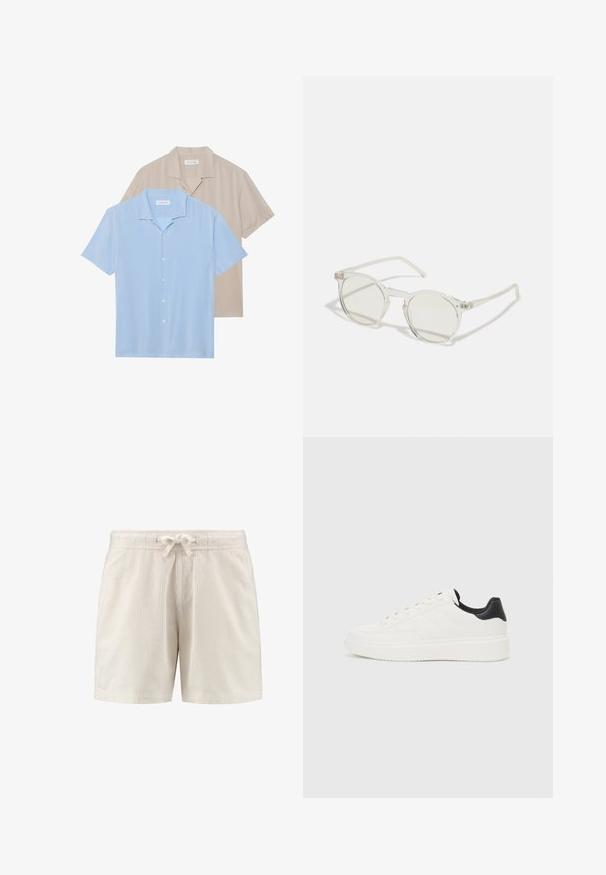 Ir rādīti divi īsām piedurknēm krekli; viens gaiši zils, otrs bēšs. Abiem ir apkakles dizains un pogu priekšpuse, ar gludu tekstūru.; Gaišbeige kordūrīni šorti ar elastīgu jostu un auklu, ar vertikālu ribotu tekstūru un sānu kabatām.; Baltas ādas sporta apavi ar iegravētu rakstu, strukturētu baltu starpzoli un melnu papēža akcentu. Iezīmējas ar apaļu purngali un plakaniem auklām.; Apaļi saulesbrilles ar caurspīdīgu rāmi, gaiši zaļām lēcām un plānām, caurspīdīgām kājām. Rāmī ir izsmalcināti metāla akcenti.