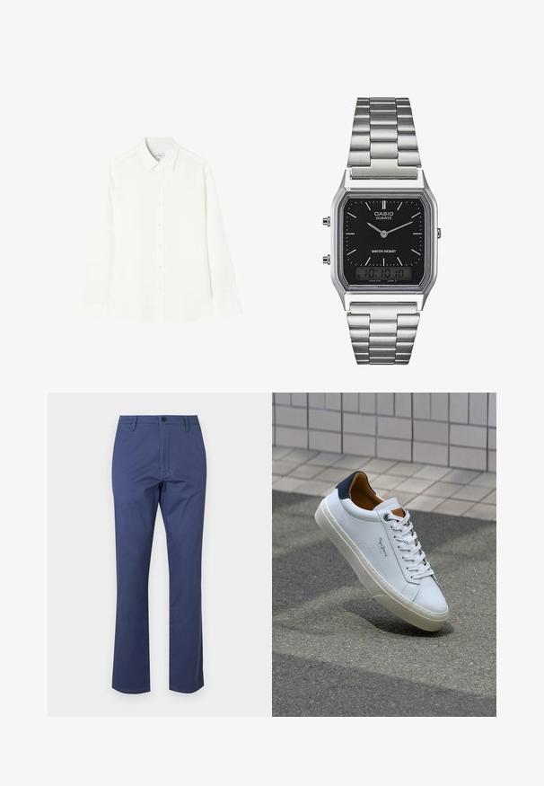 Valge pikkade varrukatega särk, mis on valmistatud siledast kangast, ning millel on nööpidega esikülg, klassikaline kaelus ja sirge alläär, mille külgedel on ümarad servad.; Tumedat sinised puuvillased püksid, millel on lukuga esiosa, ees taskud ja sirge jala disain. Sile tekstuur ja nupuga sulgur vööl.; Valge nahast tennis, millel on tumesinine konts, ümmargune nina ja kontrastsed pruuni aktsendid. Omab lamepaelti ja tekstureeritud kummist tallat.; Hõbedane roostevabast terasest kvarts kell musta ristküliku kujulise näoga, millel on analoognõjad, digitaalelektrooniline kuva ja vee vastupanu silt.