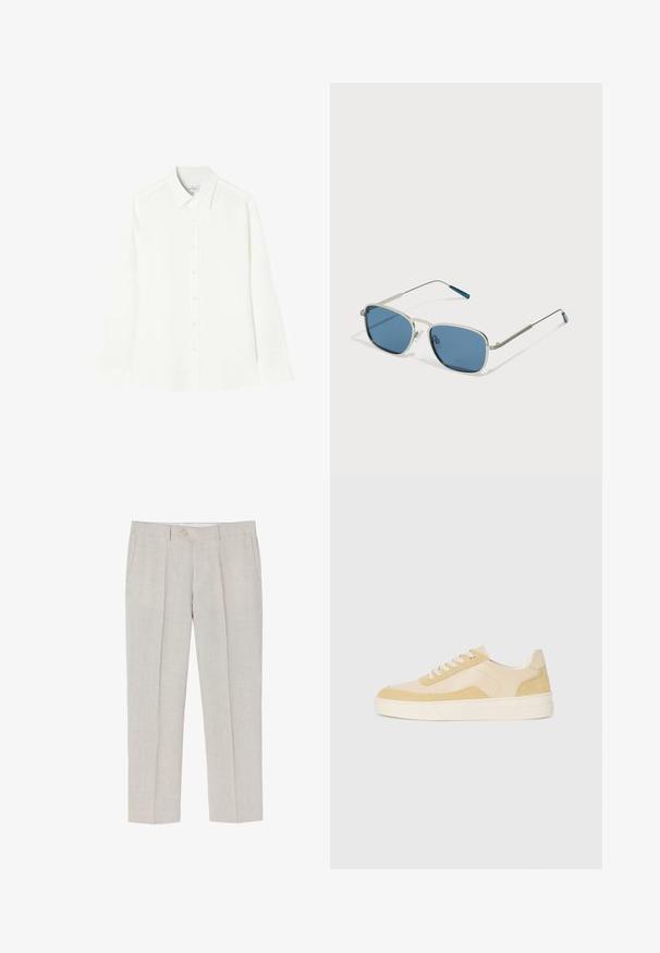 Hvid langærmet skjorte lavet af en glat stof, med knaplukning fortil, klassisk krave og lige kant med afrundede sider.; Lyse beige linned bukser med lige ben, subtil tekstur, to frontlommer og en enkelt knaplukning i taljen.; Sko i lys gul ruskind og læder, med en polstret sål og stikninger. Klassisk snørebåndsdesign med en rund tå.; Solsorte med en sølvmetalramme, rektangulære blå linser og tynde stænger. Har blå detaljer på stangens spidser.