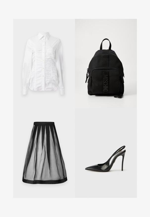 White button-up shirt with long sleeves, featuring a ruched texture across the front, small golden buttons, and a standard collar.; MOSCHINO GONNA - Pleated skirt - nero; Black slingback pump with a pointed toe, textured snake pattern, stiletto heel, and a decorative buckle on the strap.; Black Moschino backpack with front zip pocket, top handle, and logo detail on front pocket panel.