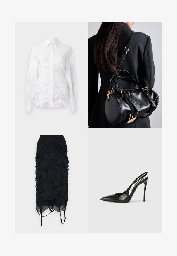 Valge nööpidega särk pikade varrukatega, millel on kortsus tekstuur ees, väiksed kuldsed nööbid ja standardne krae.; Mustvalge seelik, mis on kaunistatud kihiliste pitsaktsentidega, kitseneva vöökohtaga ja reguleeritavate rihmadega. Kujunduses on laineline muster, mis ulatub kogu seeliku ulatuses.; Must mustakotiga sildiga king, terava ninaga, tekstuuriga madusskaala mustriga, stilettokõrge kontsaga ja dekoratiivse pandlaga rihmal.; Must musträskomplekt, millel on ümar kuju, kullavärvi aksessuaaride ja reguleeritavate rihmadega. Musta tekstuuriga nahast ja beeži detaili aktsendid.