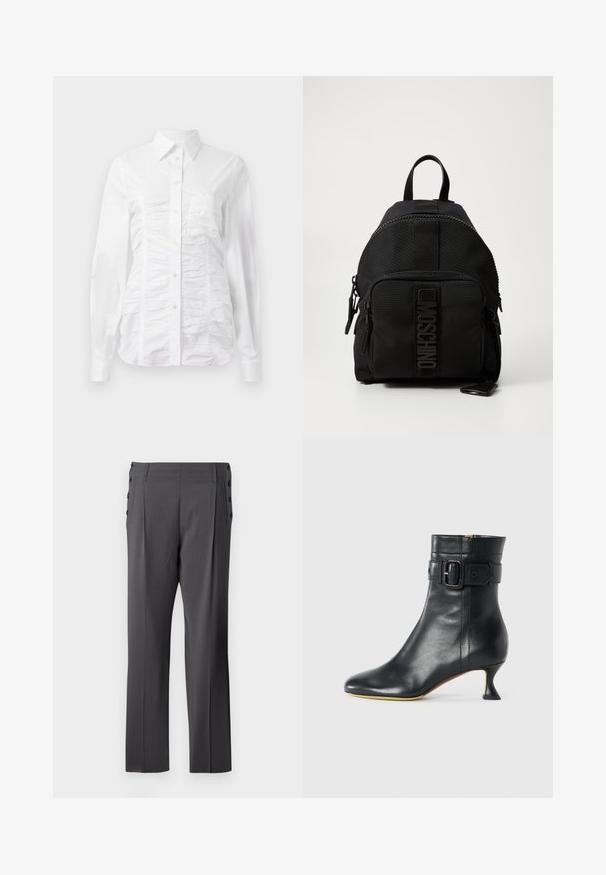 Biała koszula zapinana na guziki z długimi rękawami, z marszczonym wykończeniem z przodu, małymi złotymi guzikami i standardowym kołnierzykiem.; Szare eleganckie spodnie o prostym kroju, z fałdami z przodu i dekoracyjnymi guzikami po bokach dla dodatkowego efektu. Gładka faktura materiału.; Czarny skórzany botek za kostkę z szpiczastym noskiem, zwężającym się obcasem i klamrą na mankiecie. Gładka tekstura i elegancki design.; Czarny plecak Moschino z przednią kieszenią na zamek, górnym uchwytem i detalem logo na panelu przedniej kieszeni.