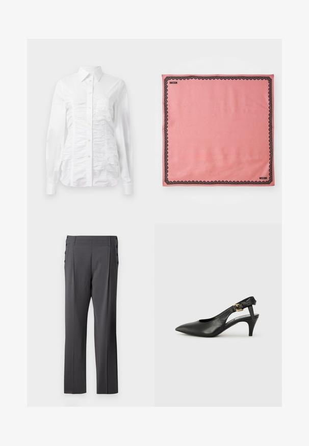 Balta pogājama krekla ar garām piedurknēm, ar savilkta tekstūra priekšpusē, maziem zelta pogām un standarta apkakli.; Pelēki pielāgoti bikses ar taisnu kāju dizainu, priekšējiem piegriezumiem un dekoratīvām sānu pogām papildu detaļām. Gluda auduma tekstūra.; Melnas ādas siksnu pumpas ar norādītu pirkstu, nelielu papēdi un sprādzes detaļu uz potītes siksnas. Gluda tekstūra, minimalistisks dizains.; Rozā zīda šalle ar melnu mežģīņu apmalīti un "MOSCHINO" zīmolu vienā stūrī. Gluda tekstūra, taisnstūra forma.