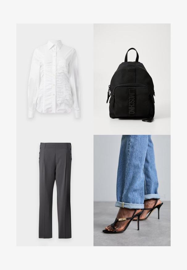 White button-up shirt with long sleeves, featuring a ruched texture across the front, small golden buttons, and a standard collar.; Gray tailored pants featuring a straight leg design, front pleats, and decorative side buttons for added detail. Smooth fabric texture.; MOSCHINO DONNA - High heeled sandals - nero; Black Moschino backpack with front zip pocket, top handle, and logo detail on front pocket panel.