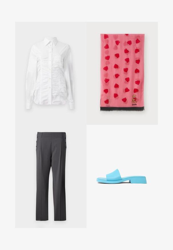 Biała koszula zapinana na guziki z długimi rękawami, z marszczonym wykończeniem z przodu, małymi złotymi guzikami i standardowym kołnierzykiem.; Szare eleganckie spodnie o prostym kroju, z fałdami z przodu i dekoracyjnymi guzikami po bokach dla dodatkowego efektu. Gładka faktura materiału.; Niebieskie klapki slip-on z szerokim paskiem, płaską podeszwą i niskim obcasem blokowym. Gładkie, błyszczące wykończenie z minimalistycznym designem.; Różowy szalik z wzorem przezroczystych czerwonych serc i misia, z czarnym frędzlem i detalem logo na dolnej krawędzi.