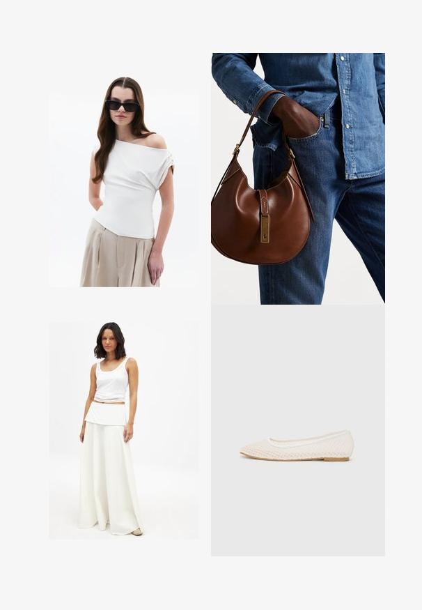 Weißes Oberteil mit schulterfreien Details und drapiertem Stoff, kurze umgeschlagene Ärmel, kombiniert mit beigen, hoch taillierten, gefalteten Hosen.; Weißes Tanktop kombiniert mit einem fließenden weißen Maxirock. Der Rock hat einen geschichteten, gefalteten Bund und eine weiche, glatte Textur.; Weiße flache Schuhe mit einem Netzdesign, spitz zulaufender Zehenpartie und einer niedrigen, flachen Sohle. Strukturiertes Obermaterial mit einem glatten Innenfutter und subtilen Kontrastakzenten.; Braune Leder-Hobo-Tasche mit runder Form, ausgestattet mit goldenen Hardware-Details und kontrastierenden Nähten. Kombiniert mit einem Jeanshemd und Jeans.