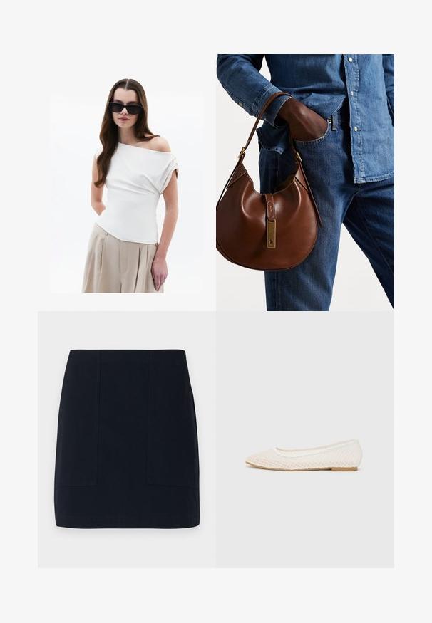 Witte off-shoulder top met gedrapeerde stofdetails, korte opgerolde mouwen, gecombineerd met beige hoge taille geplooide broeken.; Marineblauwe minirok van katoen, met twee voorkruiszakken, een nette, gestructureerde uitstraling en een rechte onderzoom.; Witte platte schoen met een mesh-design, een spitse neus en een lage, platte zool. Getextureerde bovenkant met een soepele voering en subtiele contrasterende afwerking.; Bruine leren hobo tas met een rondvorm, voorzien van een gouden hardwareaccent en contrasterende stiksels. Gecombineerd met een denim shirt en jeans.
