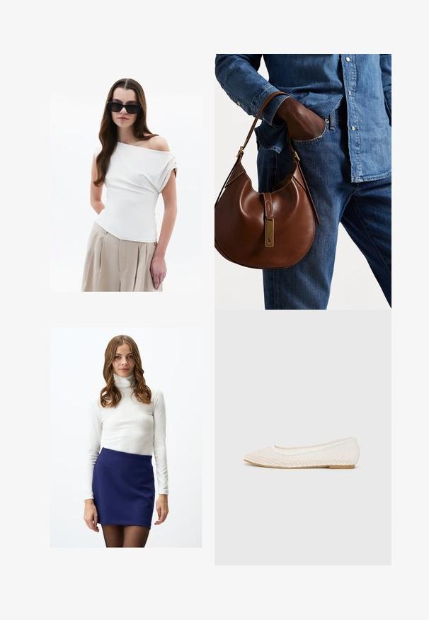 Weißes Oberteil mit schulterfreien Details und drapiertem Stoff, kurze umgeschlagene Ärmel, kombiniert mit beigen, hoch taillierten, gefalteten Hosen.; Weißes, geripptes Rollkragenoberteil, kombiniert mit einem enganliegenden, dunkelblauen Miniskirt. Das Outfit hat lange Ärmel und eine glatte Textur.; Weiße flache Schuhe mit einem Netzdesign, spitz zulaufender Zehenpartie und einer niedrigen, flachen Sohle. Strukturiertes Obermaterial mit einem glatten Innenfutter und subtilen Kontrastakzenten.; Braune Leder-Hobo-Tasche mit runder Form, ausgestattet mit goldenen Hardware-Details und kontrastierenden Nähten. Kombiniert mit einem Jeanshemd und Jeans.
