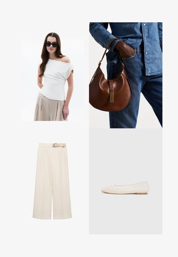 Witte off-shoulder top met gedrapeerde stofdetails, korte opgerolde mouwen, gecombineerd met beige hoge taille geplooide broeken.; Wijde broek in een lichte crème kleur, met een vlakke achterkant, plooien en een bijpassende riem met een metalen gesp.; Witte platte schoen met een mesh-design, een spitse neus en een lage, platte zool. Getextureerde bovenkant met een soepele voering en subtiele contrasterende afwerking.; Bruine leren hobo tas met een rondvorm, voorzien van een gouden hardwareaccent en contrasterende stiksels. Gecombineerd met een denim shirt en jeans.