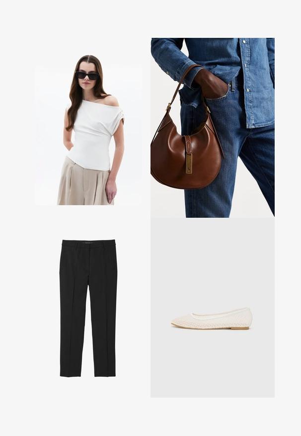 Witte off-shoulder top met gedrapeerde stofdetails, korte opgerolde mouwen, gecombineerd met beige hoge taille geplooide broeken.; Zwarte broek van gladde stof, met een rechte pijp, voorzakken en een platte tailleband zonder zichtbare sluitingen.; Witte platte schoen met een mesh-design, een spitse neus en een lage, platte zool. Getextureerde bovenkant met een soepele voering en subtiele contrasterende afwerking.; Bruine leren hobo tas met een rondvorm, voorzien van een gouden hardwareaccent en contrasterende stiksels. Gecombineerd met een denim shirt en jeans.