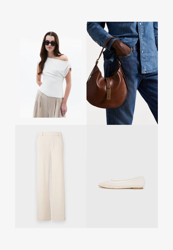 Witte off-shoulder top met gedrapeerde stofdetails, korte opgerolde mouwen, gecombineerd met beige hoge taille geplooide broeken.; Licht beige wijde broek met voorplooien, een gladde textuur en zijzakken. Gemaakt van een zachte stof met een gepolijste uitstraling.; Witte platte schoen met een mesh-design, een spitse neus en een lage, platte zool. Getextureerde bovenkant met een soepele voering en subtiele contrasterende afwerking.; Bruine leren hobo tas met een rondvorm, voorzien van een gouden hardwareaccent en contrasterende stiksels. Gecombineerd met een denim shirt en jeans.