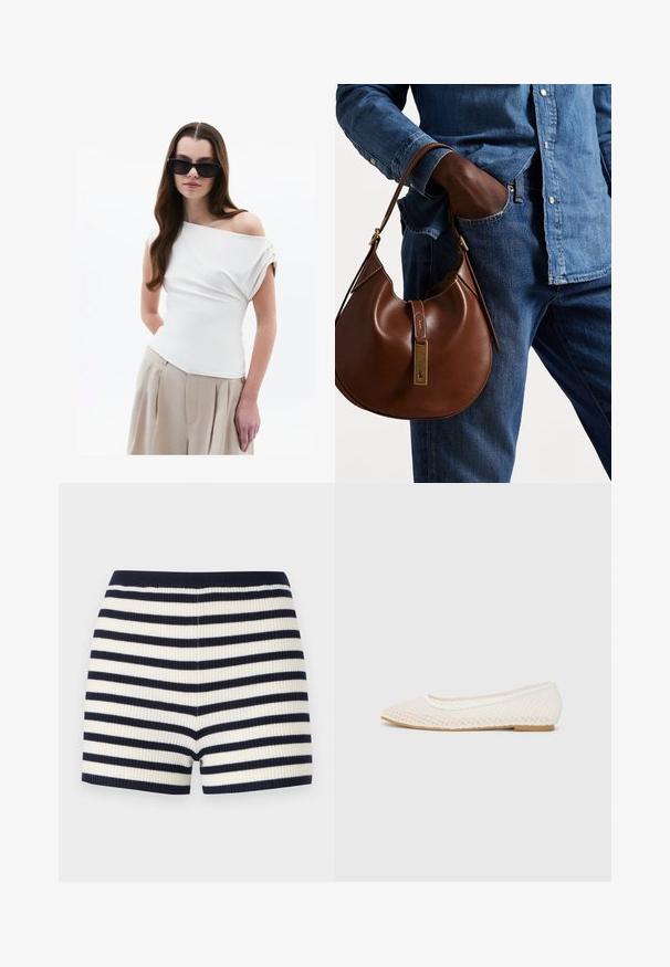 Witte off-shoulder top met gedrapeerde stofdetails, korte opgerolde mouwen, gecombineerd met beige hoge taille geplooide broeken.; Gestreepte ribshorts in marineblauw en wit, met een aansluitende pasvorm en een zachte textuur. De tailleband is marineblauw, wat mooi aansluit bij het patroon.; Witte platte schoen met een mesh-design, een spitse neus en een lage, platte zool. Getextureerde bovenkant met een soepele voering en subtiele contrasterende afwerking.; Bruine leren hobo tas met een rondvorm, voorzien van een gouden hardwareaccent en contrasterende stiksels. Gecombineerd met een denim shirt en jeans.
