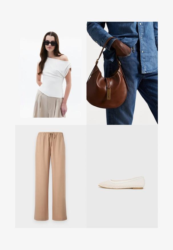 Biała bluzka bez ramion z marszczonym detalem, krótki podwinięty rękaw, w komplecie z beżowymi, wysokimi spodniami w kant.; Beżowe szerokie spodnie z elastycznym paskiem, z pionowymi białymi prążkami, wykonane z gładkiego, lekkiego materiału.; Białe płaskie buty z siateczkowym wzorem, ostro zakończone, z niską, płaską podeszwą. Teksturowana cholewka z gładką podszewką i subtelnymi kontrastowymi wykończeniami.; Brązowa skórzana torebka hobo w zaokrąglonym kształcie, z akcentami w złotym kolorze i kontrastowym przeszyciem. Połączona z dżinsową koszulą i spodniami dżinsowymi.