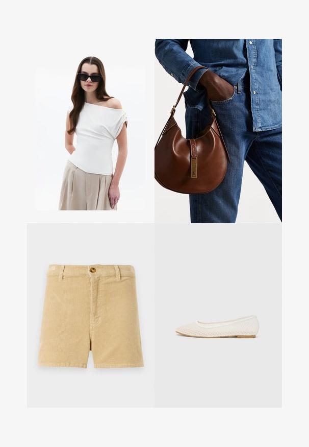 Top blanc à épaules dénudées avec détail de tissu drapé, manches courtes à revers, associé à un pantalon plissé beige taille haute.; Shorts en velours côtelé khaki avec un motif texturé en relief, dotés d'une fermeture à bouton à l'avant et de deux poches latérales. Design classique à coupe droite.; Chaussure plate blanche avec un design en maille, un bout pointu et une semelle basse et plate. Tige texturée avec une doublure lisse et une bordure de contraste subtile.; Sac en cuir marron de style hobo avec une forme arrondie, mettant en avant un accent en métal doré et des coutures contrastantes. Assorti à une chemise en denim et un jean.