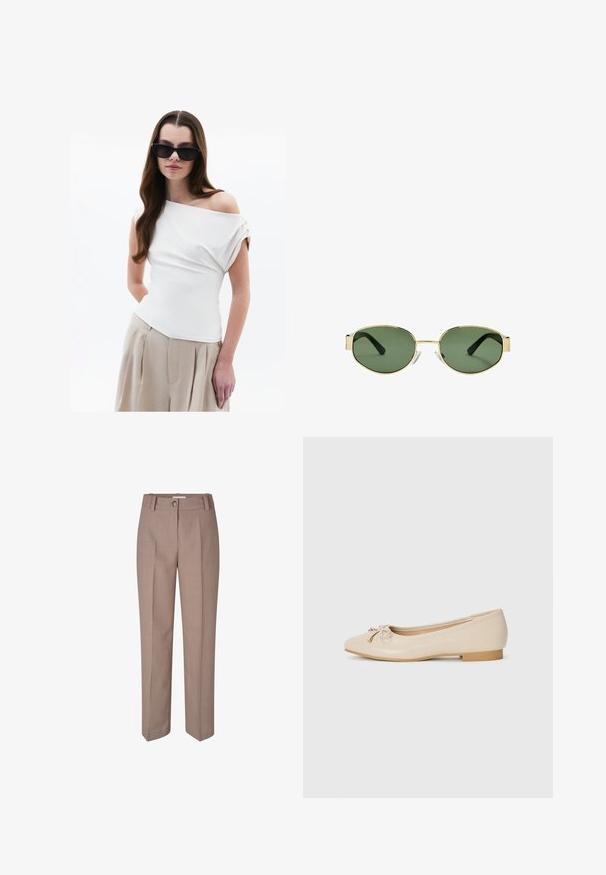 Valkoinen olkapäät paljastava yläosa, jossa on drapeerattua kangasta, lyhyet kääntäja hihat, yhdistettynä vaaleanbeigeihin korkeavyötäröisiin laskostettuihin housuihin.; Beige-harmaat housut suoran lahkeen muotoilulla, jossa on nappisulku ja laskostettu etuosa. Tasainen tekstuuri ja kiiltävä viimeistely.; Beige ballerinat valmistettu sileästä synteettisestä materiaalista. Ominaisuuksiin kuuluu pieni tukijalka ja solmittu yksityiskohta kultaisilla korostuksilla kengän kärjessä.; Kultaiset metallikehyksiset aurinkolasit, joissa on vihreät sävytetyt linssit, soikea muoto, mustat sankaluvat ja kirkkaat nenätyynyt. Siisti, minimalistinen muotoilu.; Ruskea nahkainen hobo laukku pyöreällä muotoilulla, jossa on kultaiset yksityiskohdat ja kontrastiväriommeltu. Yhdistetty farkkupaitaan ja farkkuihin.