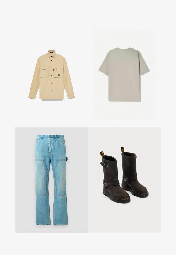 Béžová dlouhá rukávová košile z lehké tkaniny, s dvěma náprsními kapsami na knoflíky a logem na levé kapse.; Béžové bavlněné tričko s krátkým rukávem. Má jednoduchý design a kulatý výstřih. Hladká textura s minimálním šitím na zadní straně.; Světlé modré džíny s rozšířenými nohavicemi, s kontrastními nášivkovými panely, předními kapsami a knoflíkovým zapínáním v pase.; Tmavě hnědé kožené boty se středně dlouhým designem, žlutým prošíváním, nastavovacími přezkami a poutky na vršku. Texturovaný povrch.