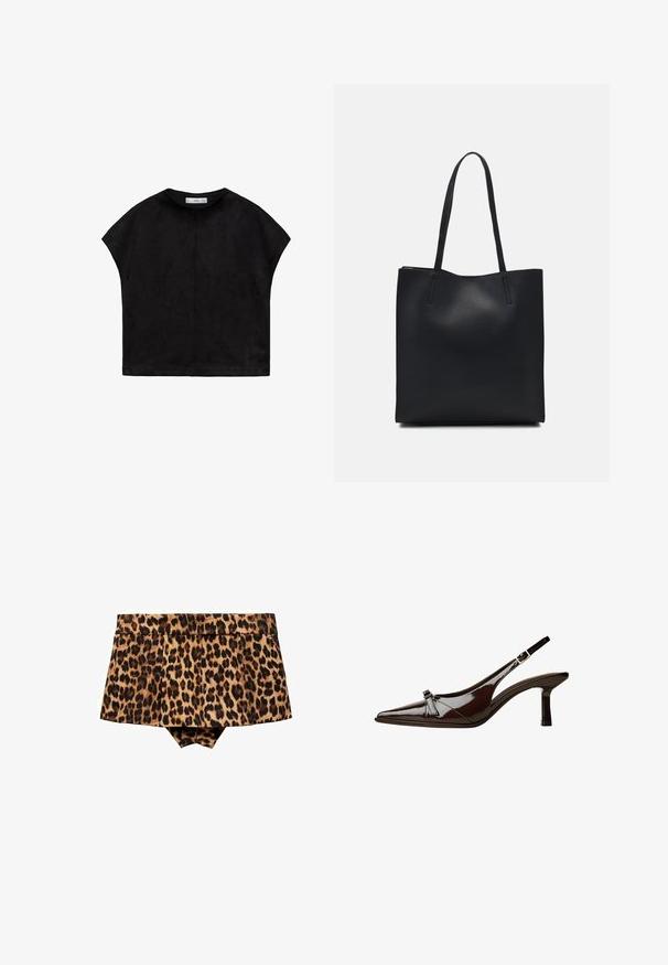 Černý krátký rukáv top z měkké tkaniny, se zaobleným výstřihem a volným, boxy tvarem s viditelným šitím na zadní straně.; Mango Šortky - brown; Hnědé lakované sandály s špičatou špičkou, nízkým podpatkem a dekorativní mašlí na přední části. Hladký, lesklý povrch.; Černá kožená taška přes rameno s hladkým povrchem, obdélníkovým tvarem a dvěma dlouhými uchy. Žádné viditelné kování ani ozdoby.