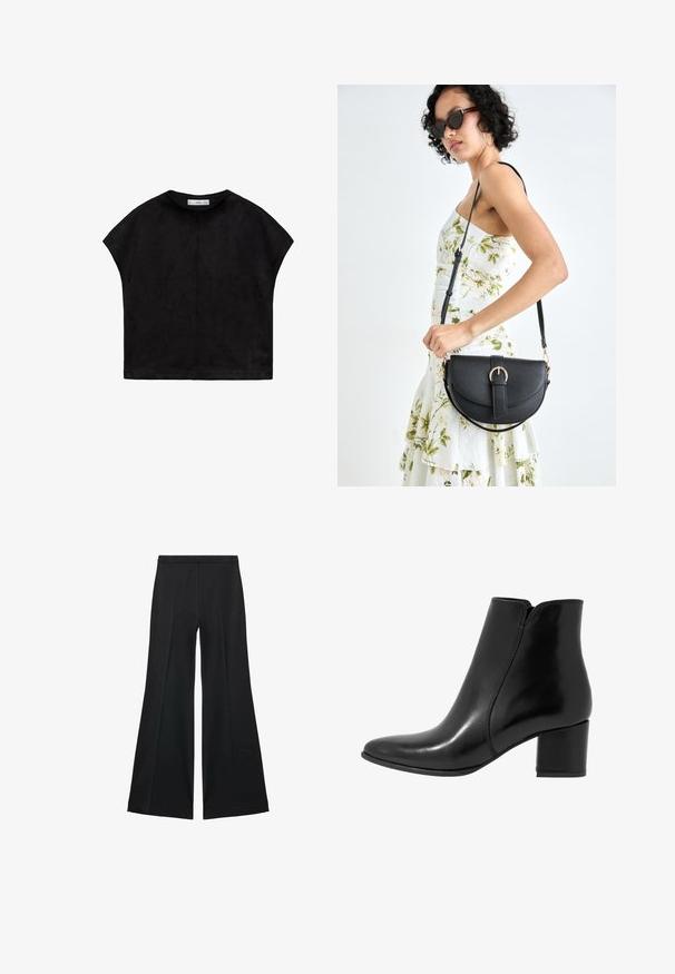 Black short-sleeve top made of soft fabric, featuring a rounded neckline and a loose, boxy shape with visible stitching at the back.; Black wide-leg pants with a smooth texture, featuring front pleats and a tailored design. The fabric is lightweight and flowy.; Anna Field LEATHER - Classic ankle boots - black; Black leather handbag with a curved shape, detachable strap, and gold hardware. The bag features a flap with a buckle detail.