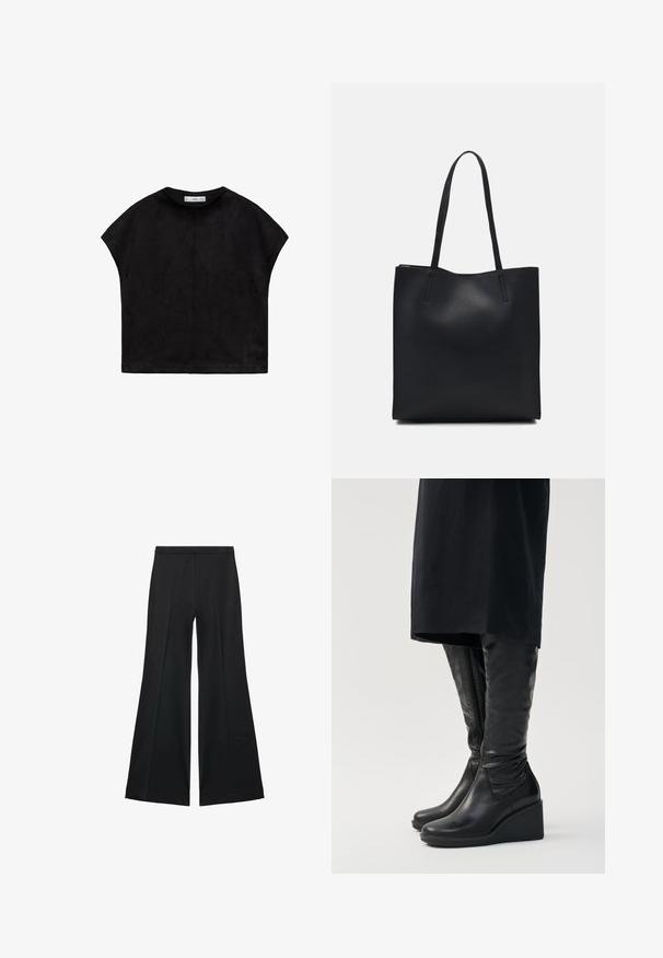 Černý krátký rukáv top z měkké tkaniny, se zaobleným výstřihem a volným, boxy tvarem s viditelným šitím na zadní straně.; Černé kalhoty s širokými nohavicemi a hladkou texturou, s předními sklady a přizpůsobeným střihem. Materiál je lehký a splývavý.; Černé kožené vysoké boty po kolena s klínovým podpatkem, s hladkou texturou a bočním zipem. Navrženy s elegantním a přiléhavým střihem.; Černá kožená taška přes rameno s hladkým povrchem, obdélníkovým tvarem a dvěma dlouhými uchy. Žádné viditelné kování ani ozdoby.