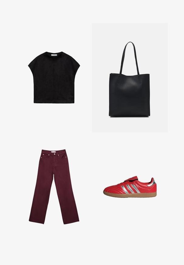 Čierny krátky rukáv top vyrobený z mäkkej látky, s okrúhlym výstrihom a voľným, štvorcovým strihom, s viditeľným švom na zadnej strane.; Bordové džíny s vysokým pásom a rovnými nohavicami, ktoré majú predné vrecká, zapínanie na gombík a akcenty z medi.; Červené kožené tenisky s textúrovaným povrchom, strieborným dizajnom troch pruhov a gumovou podrážkou. S vrchným suchým zipsom.; Čierna kožená taška na rameno s hladkým povrchom, obdĺžnikovým tvarom a dvoma dlhými uchami. Bez viditeľného kovania alebo ozdôb.