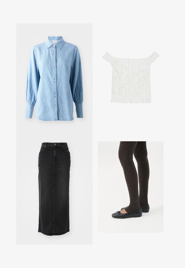 Svijetloplava traper košulja s ovratnikom, prednjim dugmadi i dugim puf rukavima. Ima suptilnu teksturu i usklađene dugmadi.; Bijela bluzica bez naramenica s volanima, naboranom teksturom i elastičnom gumicom u struku. Izrađena od mekanog pamučnog materijala.; Crna traper maxi suknja ravnog kroja, s mid-rise strukom, prednjim džepovima i vidljivim šavovima duž šavova.; Crne ravne cipele s malim mašnom na vrhu prstiju, uparene s tamnosmešnim rebrovanim čarapama. Cipele imaju glatku teksturu i nizak profil.