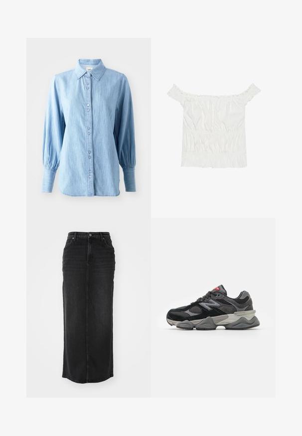 Chemise en denim bleu clair avec un col, un devant boutonné et de longues manches bouffantes. Présente une texture subtile et des boutons assortis.; Haut blanc à épaules dénudées avec des accents volantés, une texture froncée et une taille élastique. Fabriqué en doux coton.; Jupe maxi en denim noir, coupe droite, taille mi-haute, poches avant et coutures visibles le long des coutures.; Baskets noires et grises avec un mélange de matériaux en daim et en maille, semelle épaisse, logo proéminent et accent rouge sur la languette.